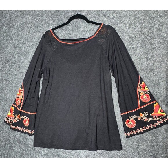 Vintage Collection Embroidered Tunic Top Blouse Black  Bell Sleeves Size  L - Picture 6 of 7